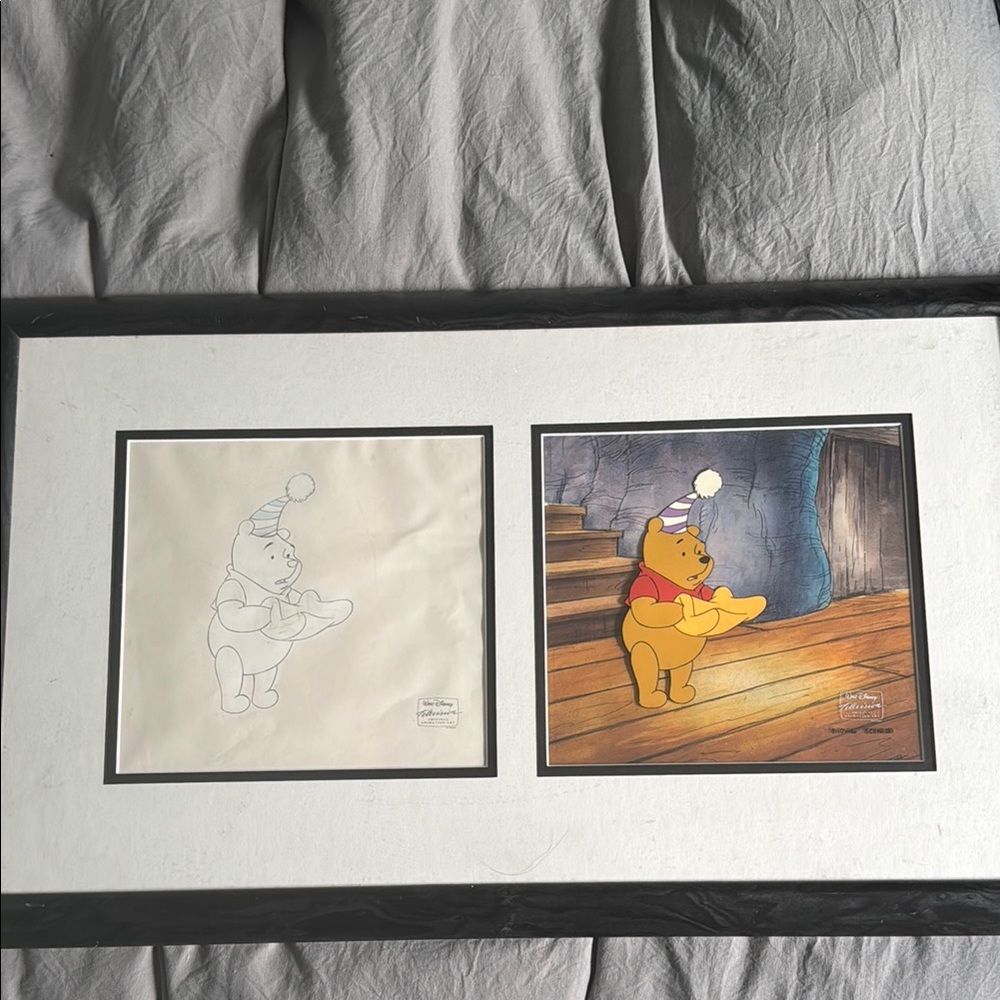 Framed Winnie the Pooh original production cell and clean-up drawing